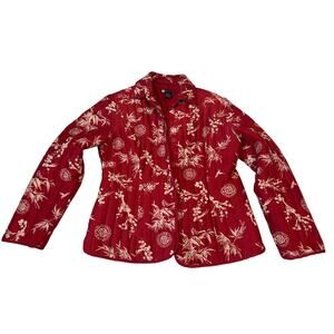 CAROLE LITTLE Womens Mandarin Print Blazer Jacket Size L Red Silk Button Down
